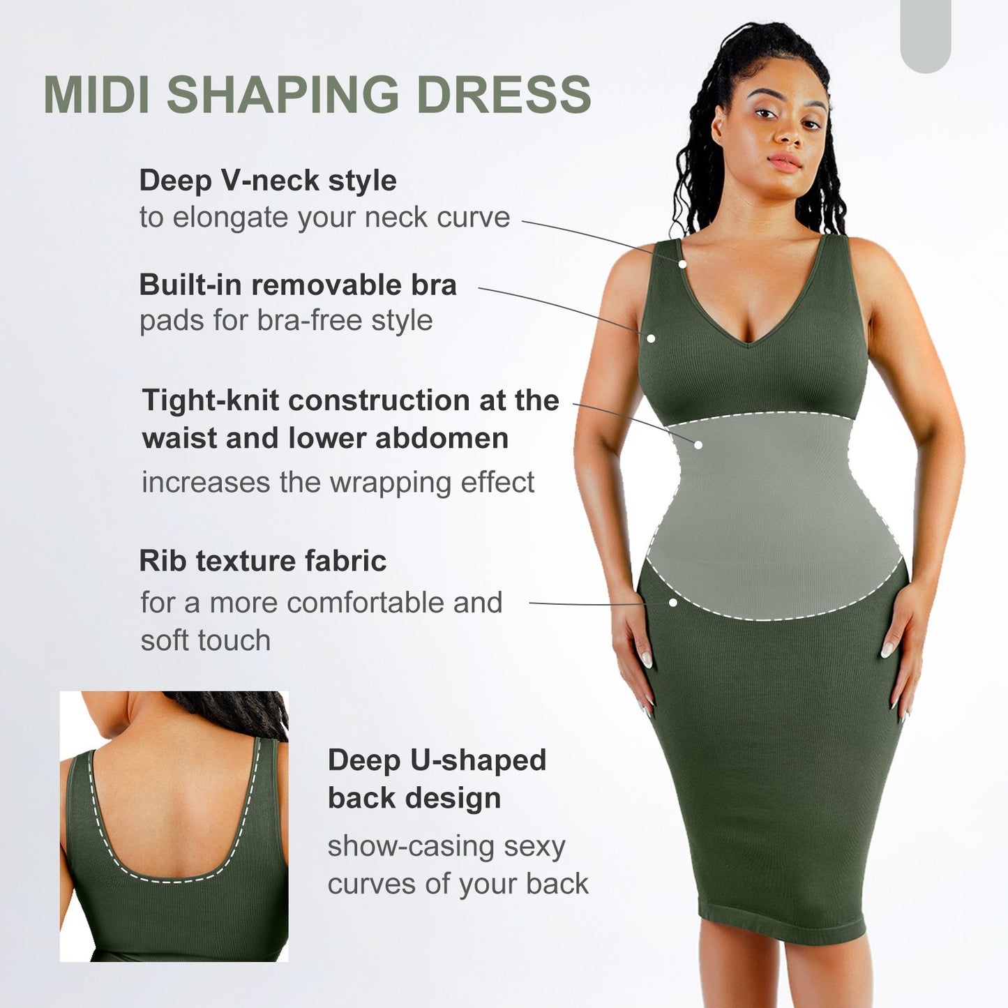 Seamless Deep V-neck Waist Trimming Shaping Dress with Removable Pads Shapewear