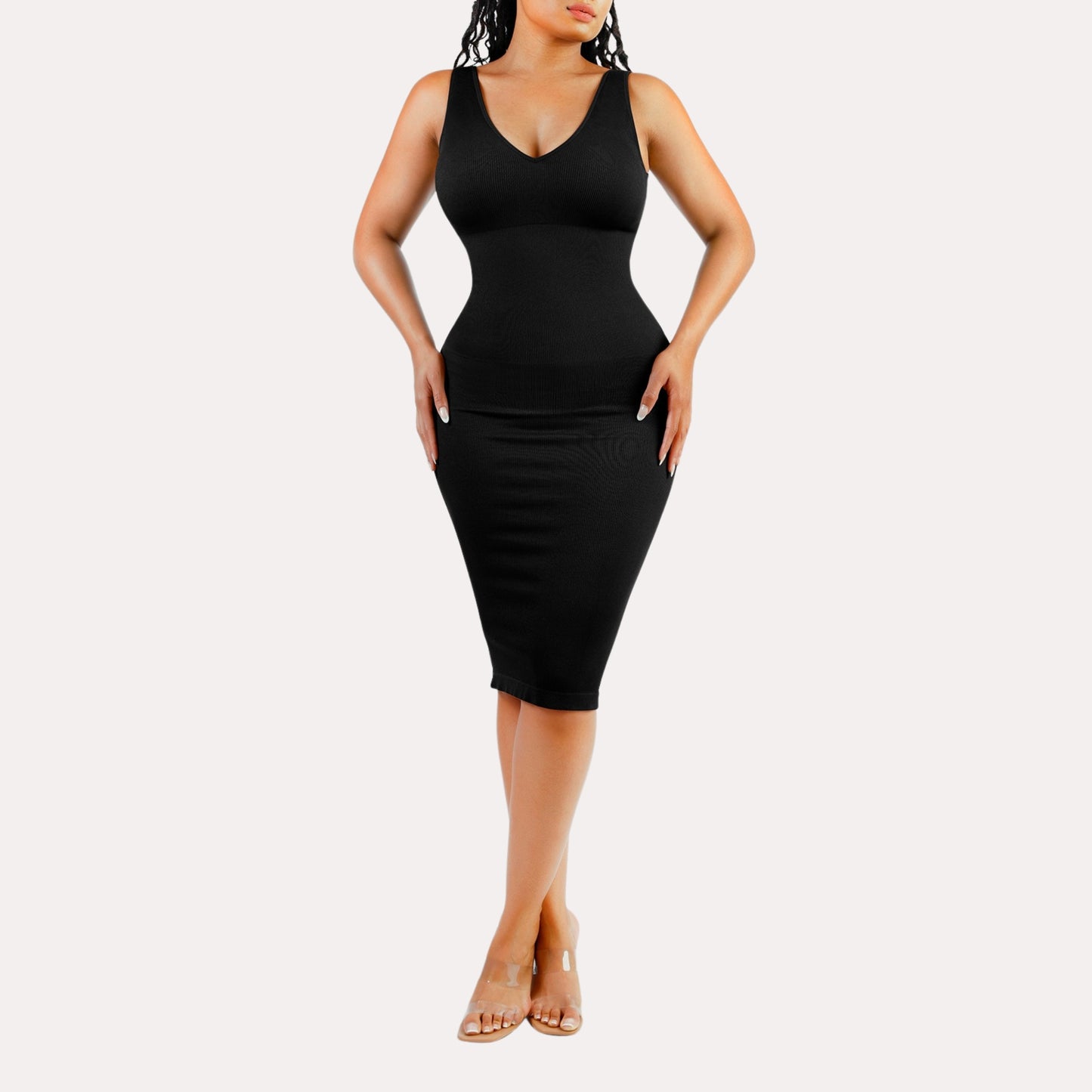 Seamless Deep V-neck Waist Trimming Shaping Dress with Removable Pads Shapewear