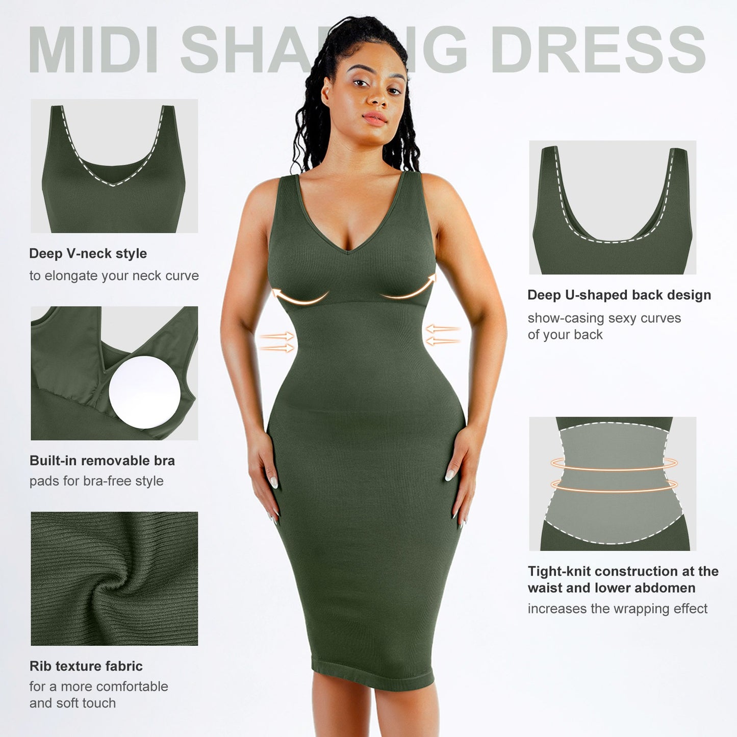 Seamless Deep V-neck Waist Trimming Shaping Dress with Removable Pads Shapewear