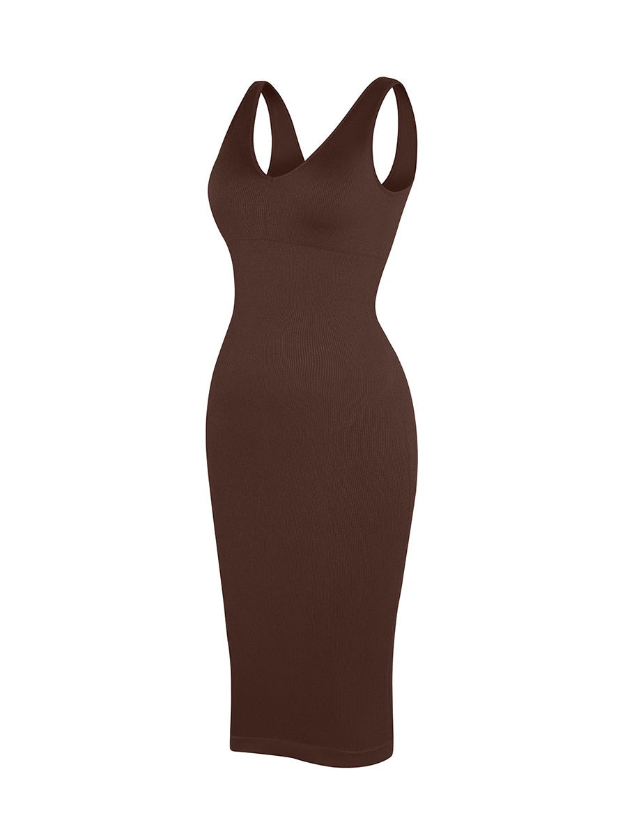 Seamless Deep V-neck Waist Trimming Shaping Dress with Removable Pads Shapewear